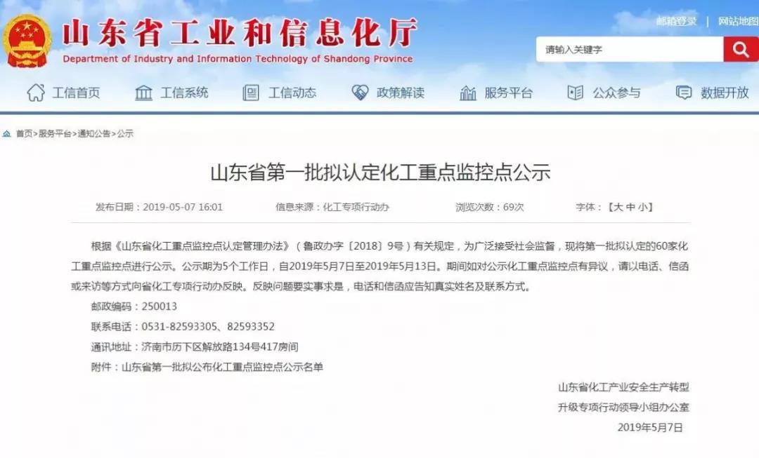 山东省第一批拟公布化工重点监控点公示